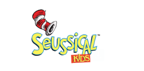 Logo for "Seussical Kids," featuring a red and white striped hat and colorful text.